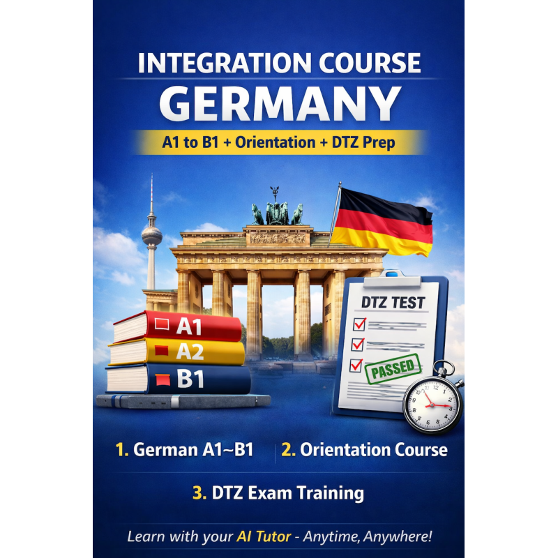 Integration Course Germany – A1 to B1 + Orientation Course + DTZ Preparation (AI Tutor) montly