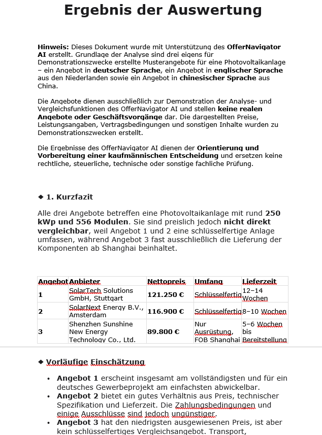 Ergebnis der OfferNavigator AI Analyse der drei Musterangebote